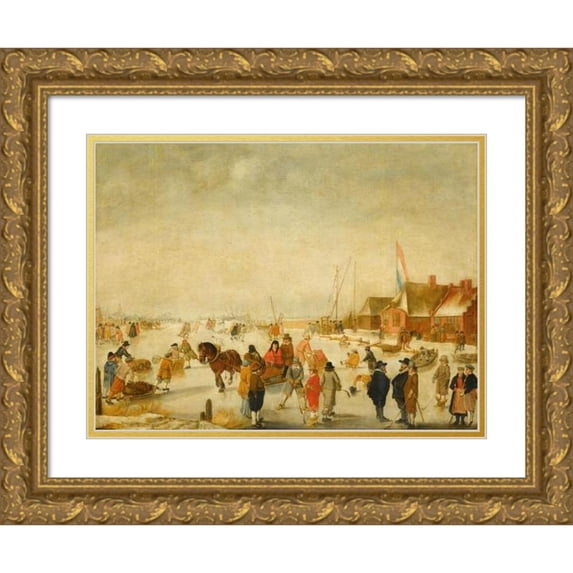 Barend Avercamp 18x14 Gold Ornate Wood Frame and Double Matted Museum Art Print Titled - Enjoying the Ice (1630 - 1679)