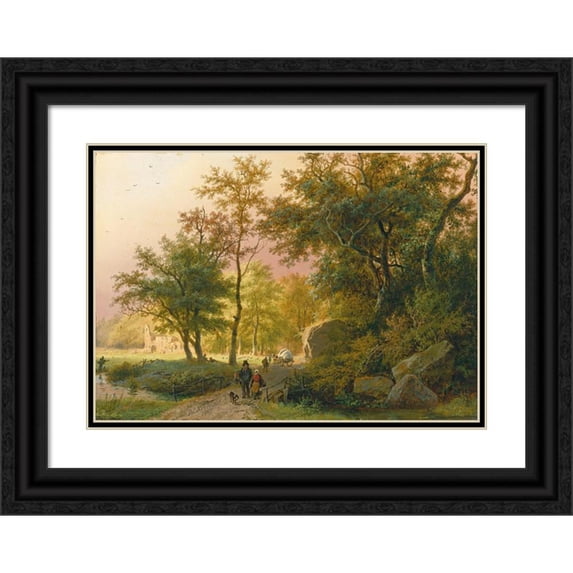 Barend Cornelis Koekkoek 14x11 Black Ornate Wood Framed Double Matted Museum Art Print Titled: Travellers on a Road (1849)
