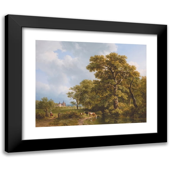 Barend Cornelis Koekkoek 14x12 Black Modern Framed Museum Art Print Titled - A Summer Landscape With Cows Watering, a Castle in the Distance (1836)