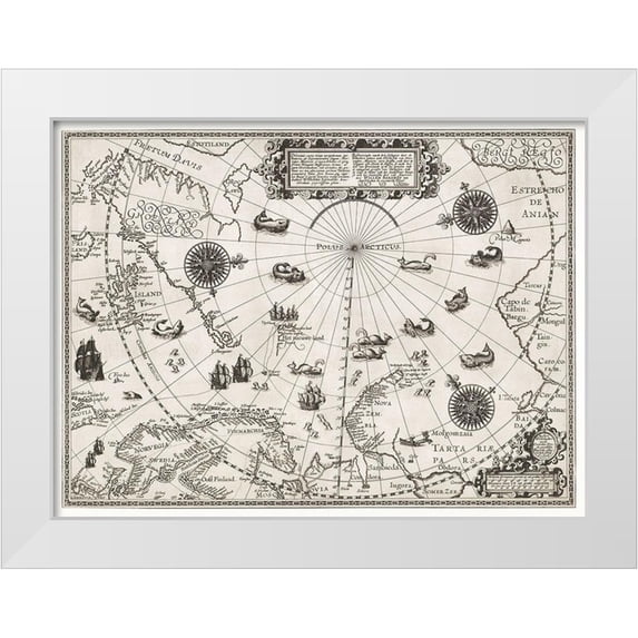 Barendsz, William 18x14 White Modern Wood Framed Museum Art Print Titled - Map of the Arctic 1598