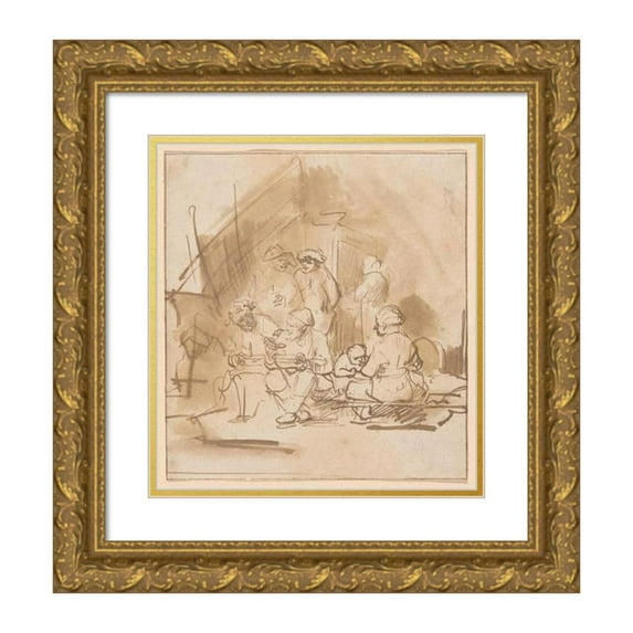 Barent Fabritius 12x13 Gold Ornate Wood Frame and Double Matted Museum Art Print Titled - Satyr Among the Peasants (1645-50)