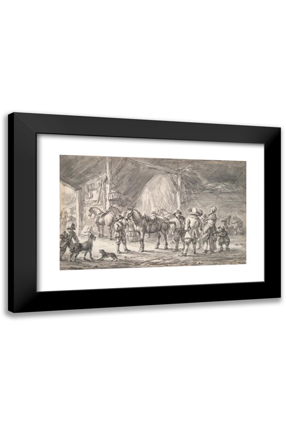 Barent Gael 14x11 Black Modern Framed Museum Art Print Titled - Peasants and Horses in a Stable