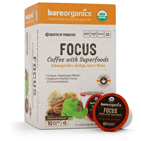 BareOrganics Functional Coffee Single Serve Focus 10 Single-Serve Cups