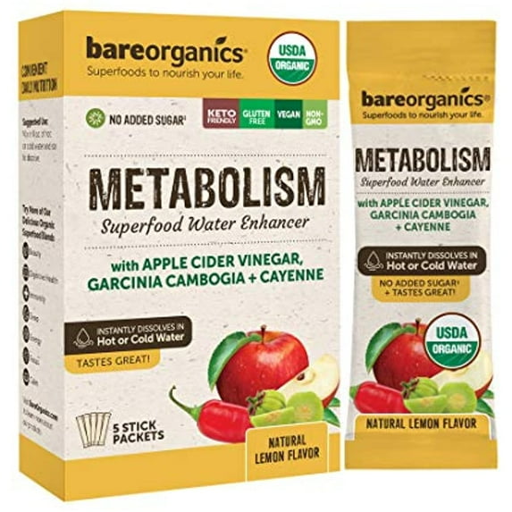 Bareorganics On The Go Metabolism Superfood Water Enhancer -Organic Drink Mix, Lemon, 5 Count