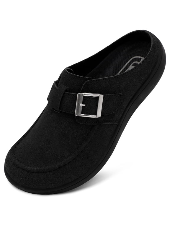 Women Wide Suede Clogs & Mules with Adjuatable Buckle