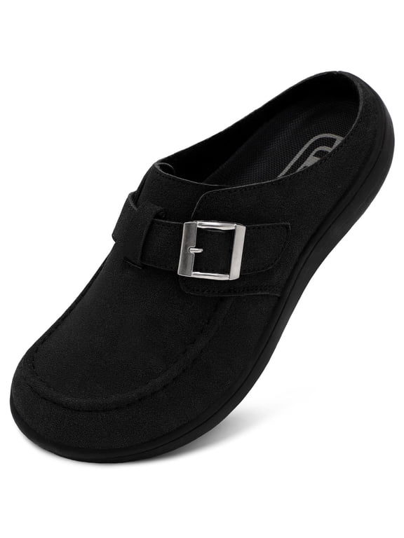 Women Wide Suede Clogs & Mules with Adjuatable Buckle
