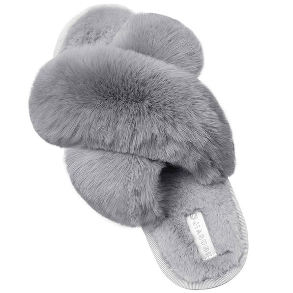Barerun House Slippers for Women Cozy Cross Band Plush Slippers Grey