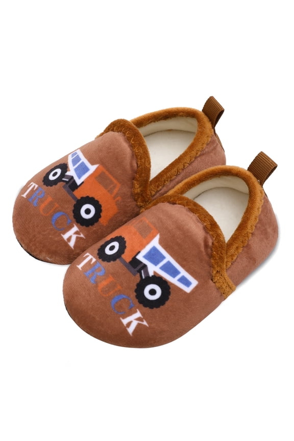 Kids Toddler Slippers Fuzzy Slippers for Boys Girls Baby with Non-Slip Rubber Sole Brown