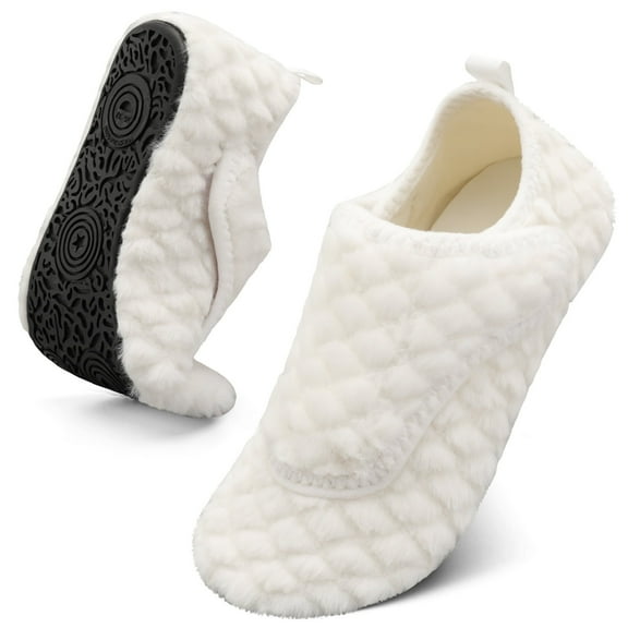 Barerun Fuzzy Adjustable Wide Diabetic Slippers for Women and Men with Rubber Sole