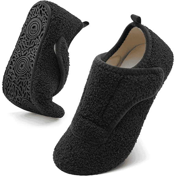 Barerun Fuzzy Adjustable Wide Diabetic Slippers for Women and Men with Rubber Sole