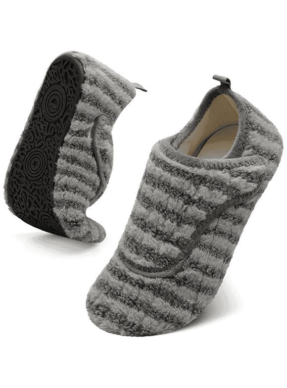 Fuzzy Adjustable Wide Diabetic Slippers for Women and Men with Rubber Sole