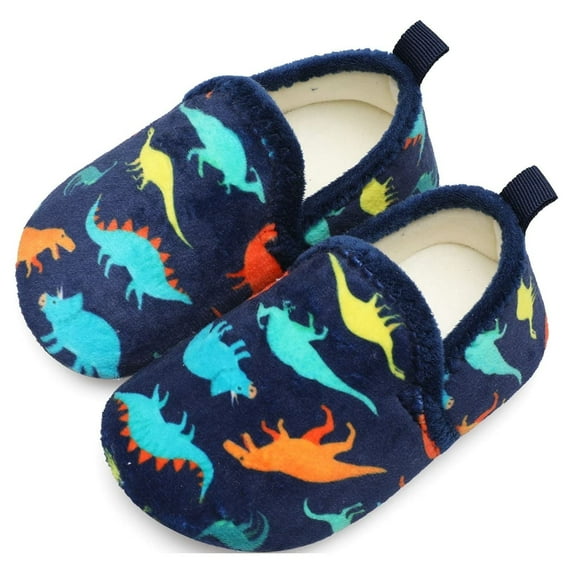 Barerun Toddler Boys Girls House Slippers Indoor Home Shoes Warm Socks for Kids Navy Dinosaur 11.5-12