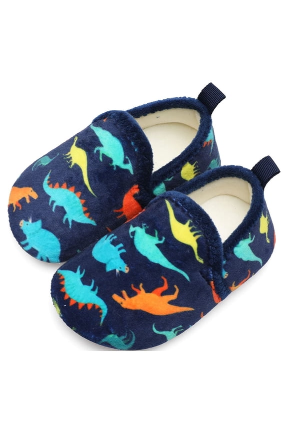 Toddler Kids House Shoes Slippers with Memory Foam Slip On Sole Protection Slipper for Boys Girls Indoor Outdoor Navy Dinosaur 6.5-7.5