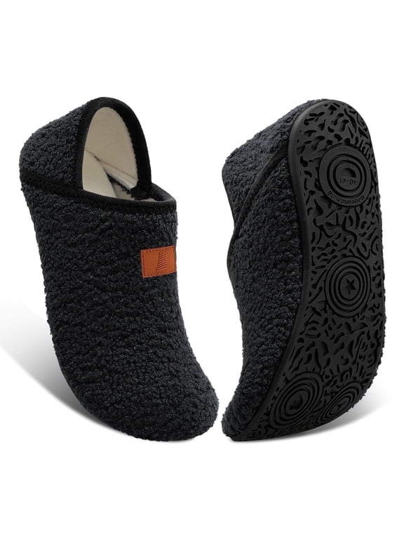 Unisex Fuzzy House Slippers with Non-slip Rubber Sole Black