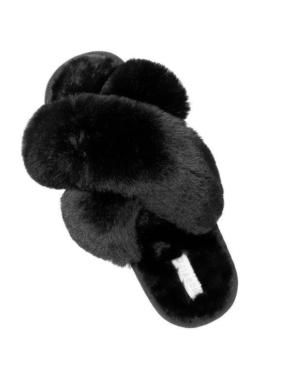 Barerun Women's Fuzzy Faux Fur Memory Foam Slippers House Shoes Black