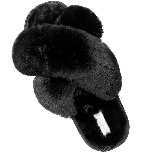Barerun Women's Fuzzy Faux Fur Memory Foam Slippers House Shoes Black