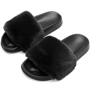 Barerun Women's Fuzzy Faux Fur Open Toe Slides Slippers