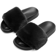 Barerun Women's Fuzzy Faux Fur Open Toe Slides Slippers