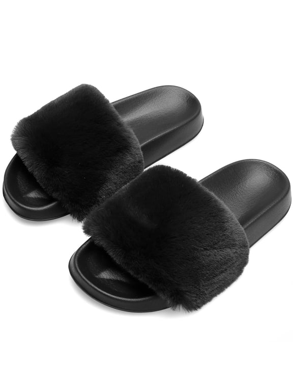 Women's Fuzzy Faux Fur Open Toe Slides Slippers