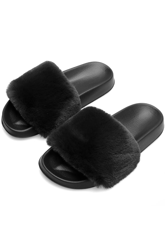 Women's Fuzzy Faux Fur Open Toe Slides Slippers