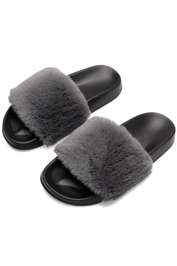 Women's Fuzzy Faux Fur Open Toe Slides Slippers