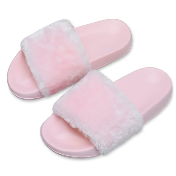 Barerun Women's Fuzzy Faux Fur Open Toe Slides Slippers
