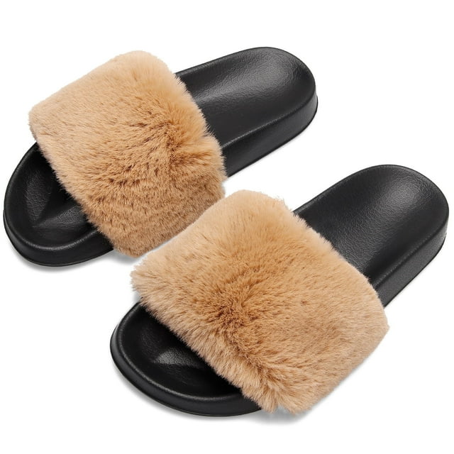 Barerun Women's Fuzzy Faux Fur Open Toe Slides Slippers