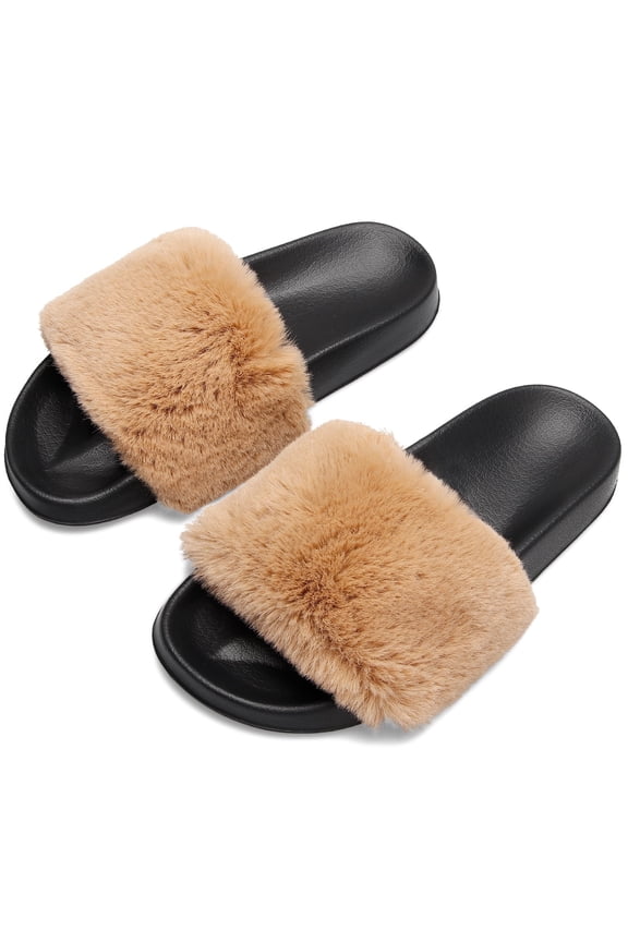 Women's Fuzzy Faux Fur Open Toe Slides Slippers