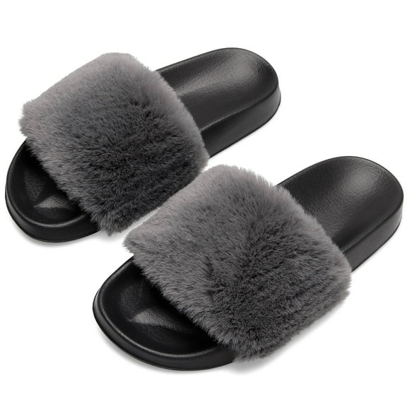 Barerun Women's Fuzzy Faux Fur Open Toe Slides Slippers