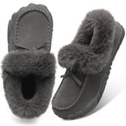 BARERUN Womens Suede Moccasin Slippers Outdoor Warm Fur Lined Shoes