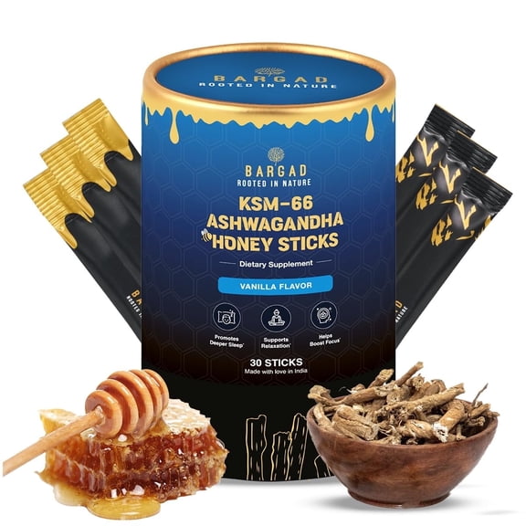 Bargad KSM-66 Ashwagandha Honey Sticks for Stress Relief, Relaxation & Better Sleep Organic Adaptogen Honey, No Artificial Additives 30 Count