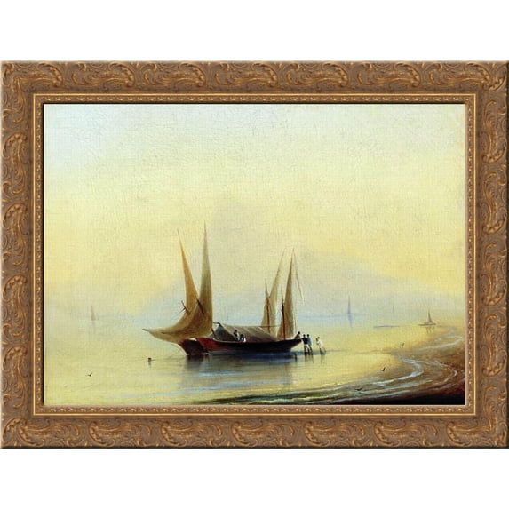 Barge in the sea shore 24x20 Gold Ornate Wood Framed Canvas Art by Aivazovsky, Ivan