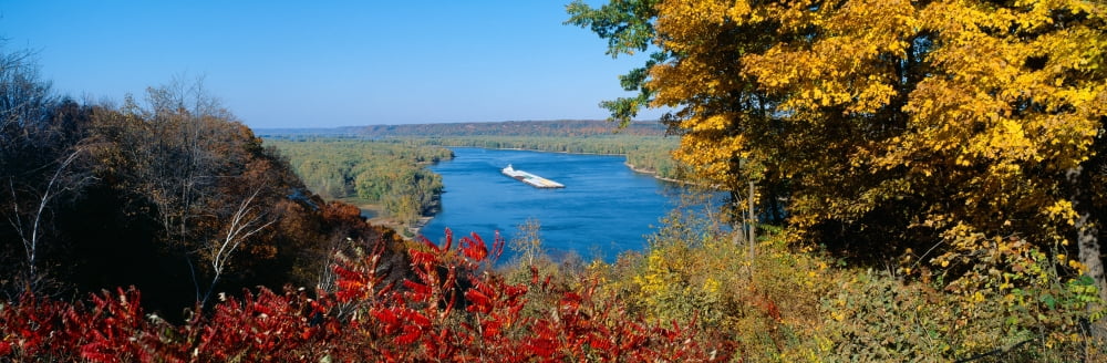 Barge on Mississippi River in Autumn Great River Road Iowa Canvas Art - Panoramic Images (27 x 9)