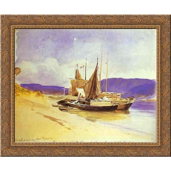Barges near the Bank 24x20 Gold Ornate Wood Framed Canvas Art by Fyodor Vasilyev