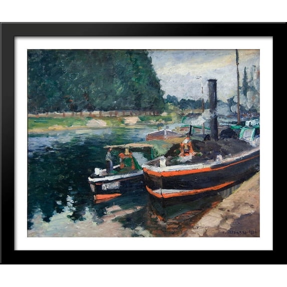 Barges on Pontoise 34x28 Large Black Wood Framed Print Art by Camille Pissarro