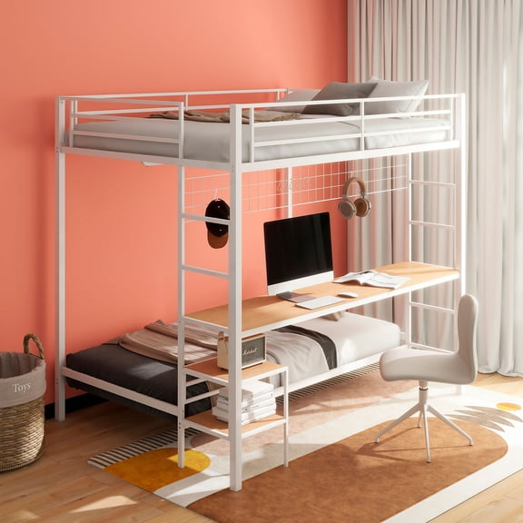 Barham Matte White Full Over Twin Workstation Bunk Bed with Integrated Desk, Storage, Safety Rails