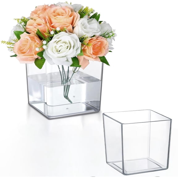 Barhoo Clear Acrylic Flower Vase Cube – Plastic Square Vase for Flowers – Unbreakable Decorative Centerpiece for Home, Wedding, or Events – Clear Large Look, Modern Design
