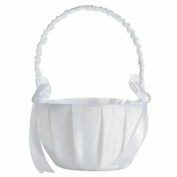 Barhoo Flower Girl Basket White Basket Elegant White Satin Bowknot Pearl Flower Girl Basket - Perfect for Weddings, Bridal Showers, and Special Events with A Romantic Touch 1*Flower Basket