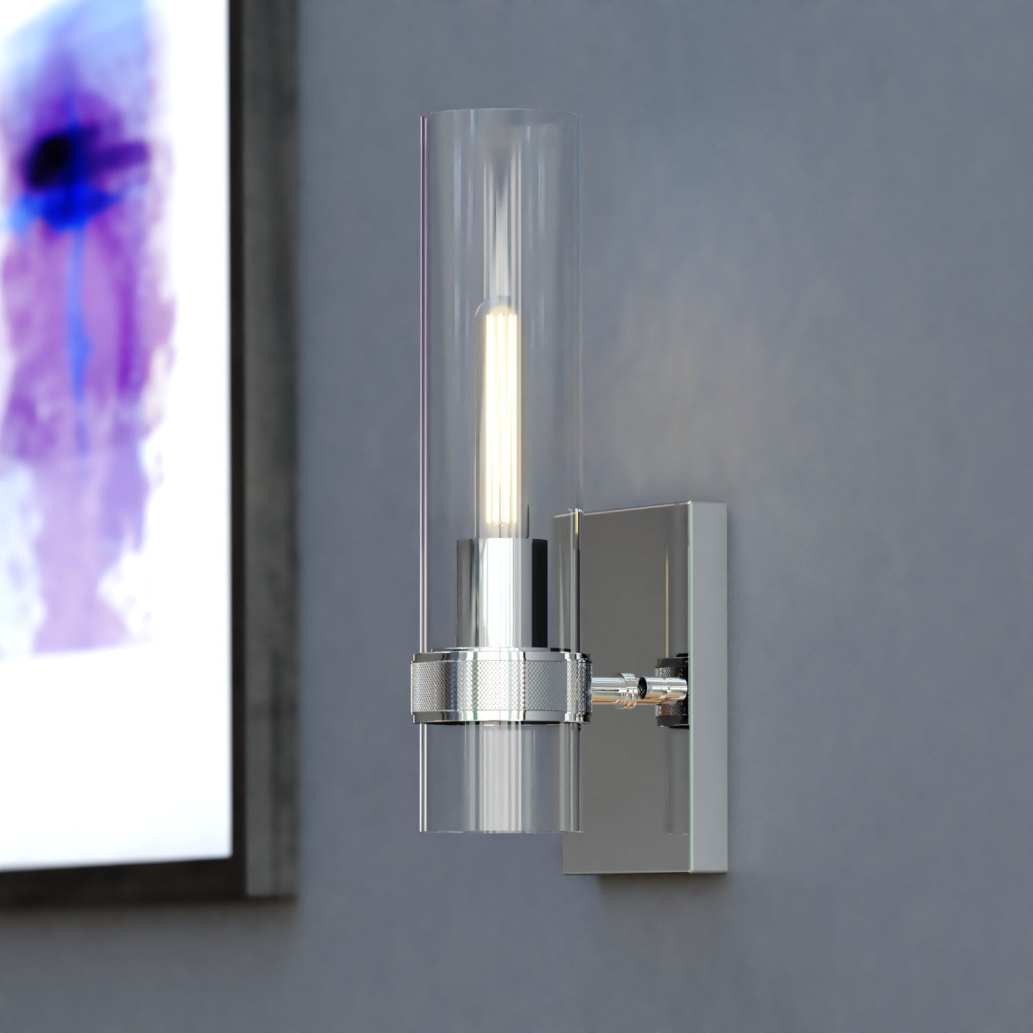 Chrome Cylinder Direct Wired Electric Wall Sconce with Clear Glass Shade