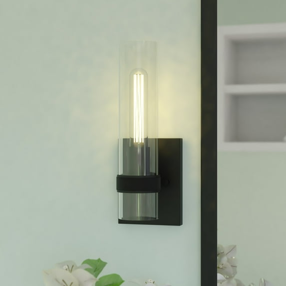 Bari 1 Light Matte Black Contemporary Wall Sconce with Clear Cylinder Glass
