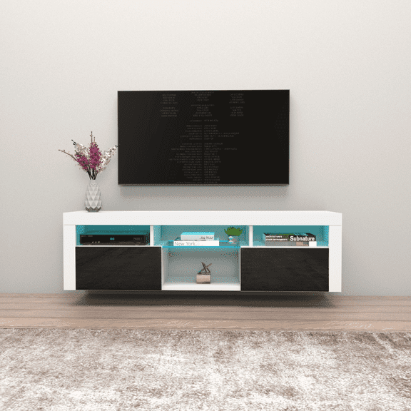 Bari 160 Floating TV Stand for TVs up to 70", Modern High Gloss 63" Entertainment Center, Wall Mounted TV Media Console with Storage Cabinets and LED Lights