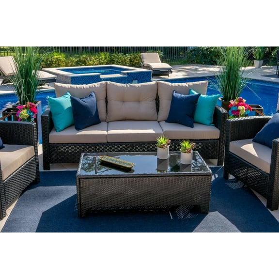 Bari 4-Piece Resin Wicker Outdoor Patio Furniture Conversation Sofa Set L in Espresso Brown w/ Three-seat Sofa, Two Armchairs, and Coffee Table