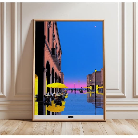 Bari Twilight Piazza Scene Neon Travel, Unframed Paper Print