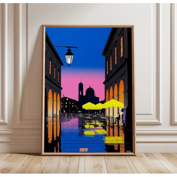 Bari Twilight Piazza Scene Neon Travel, Unframed Paper Print