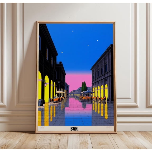 Bari Twilight Piazza Scene Neon Travel, Unframed Paper Print