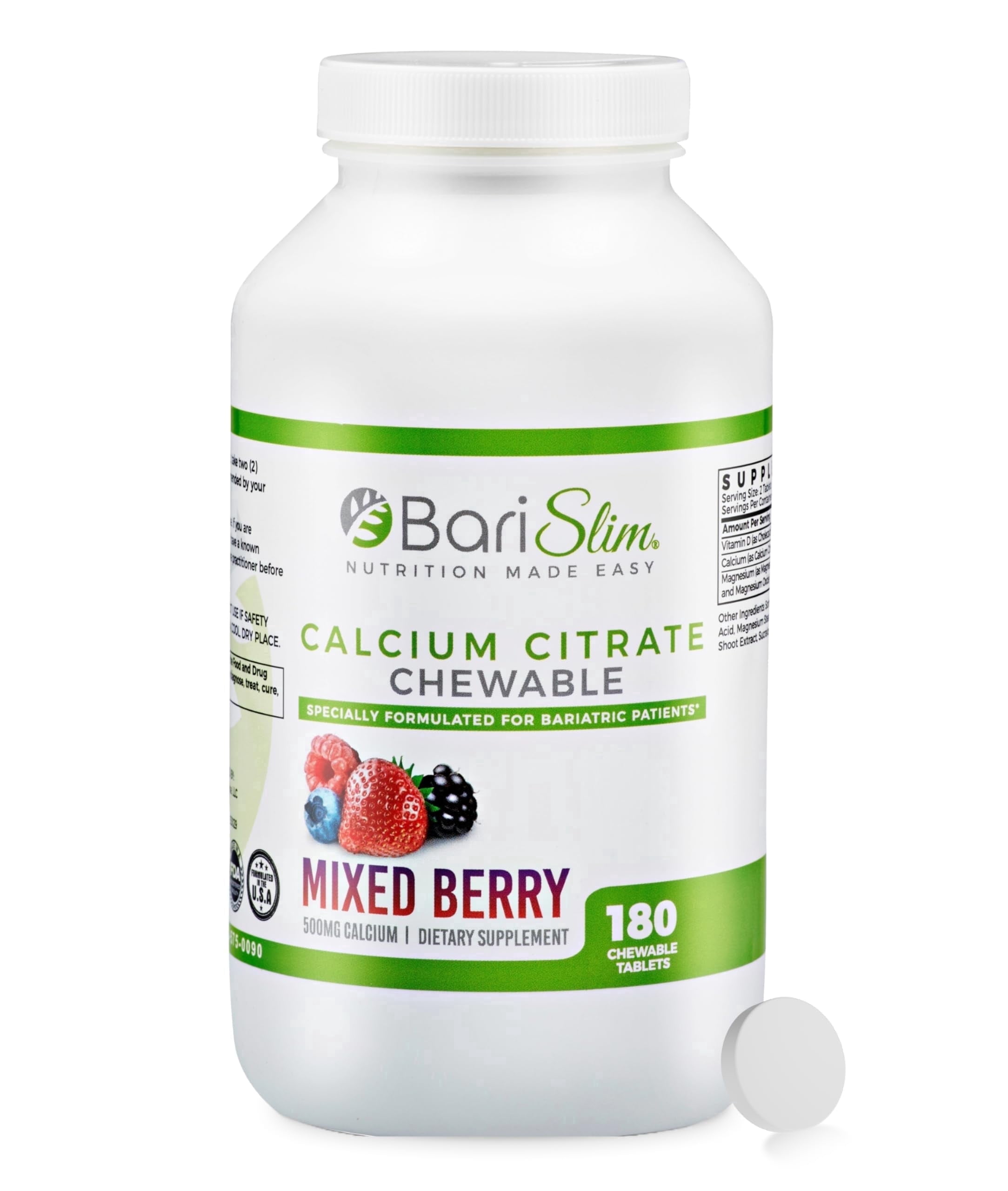 BariSlim Calcium Citrate Chewable Tablets with Magnesium & Vitamin D for Bone Health & Recovery, Adults, 90 Count