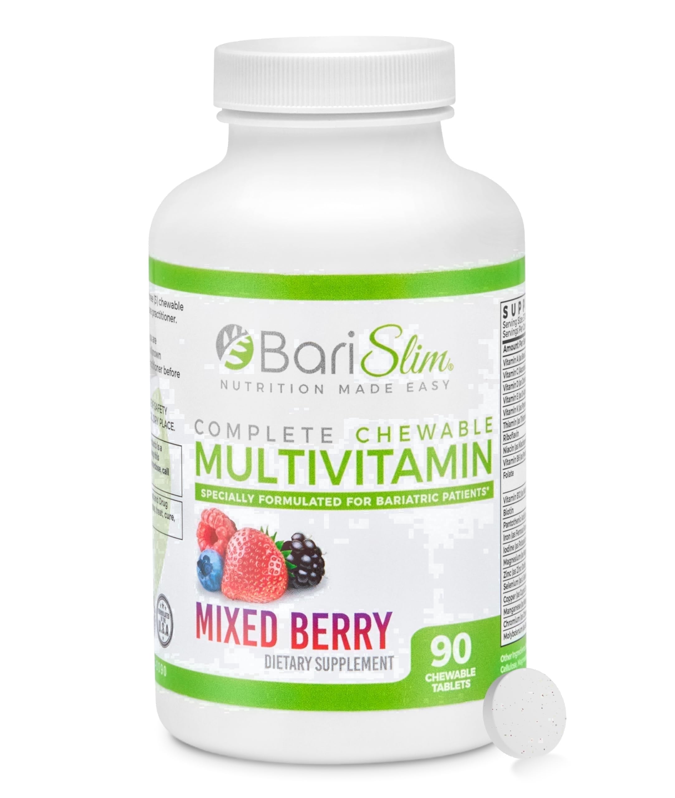 BariSlim Chewable Bariatric Multivitamin Tablets for Energy & Immune Support, Mixed Berry Flavor, 90 Count, 9.8 oz, Adults