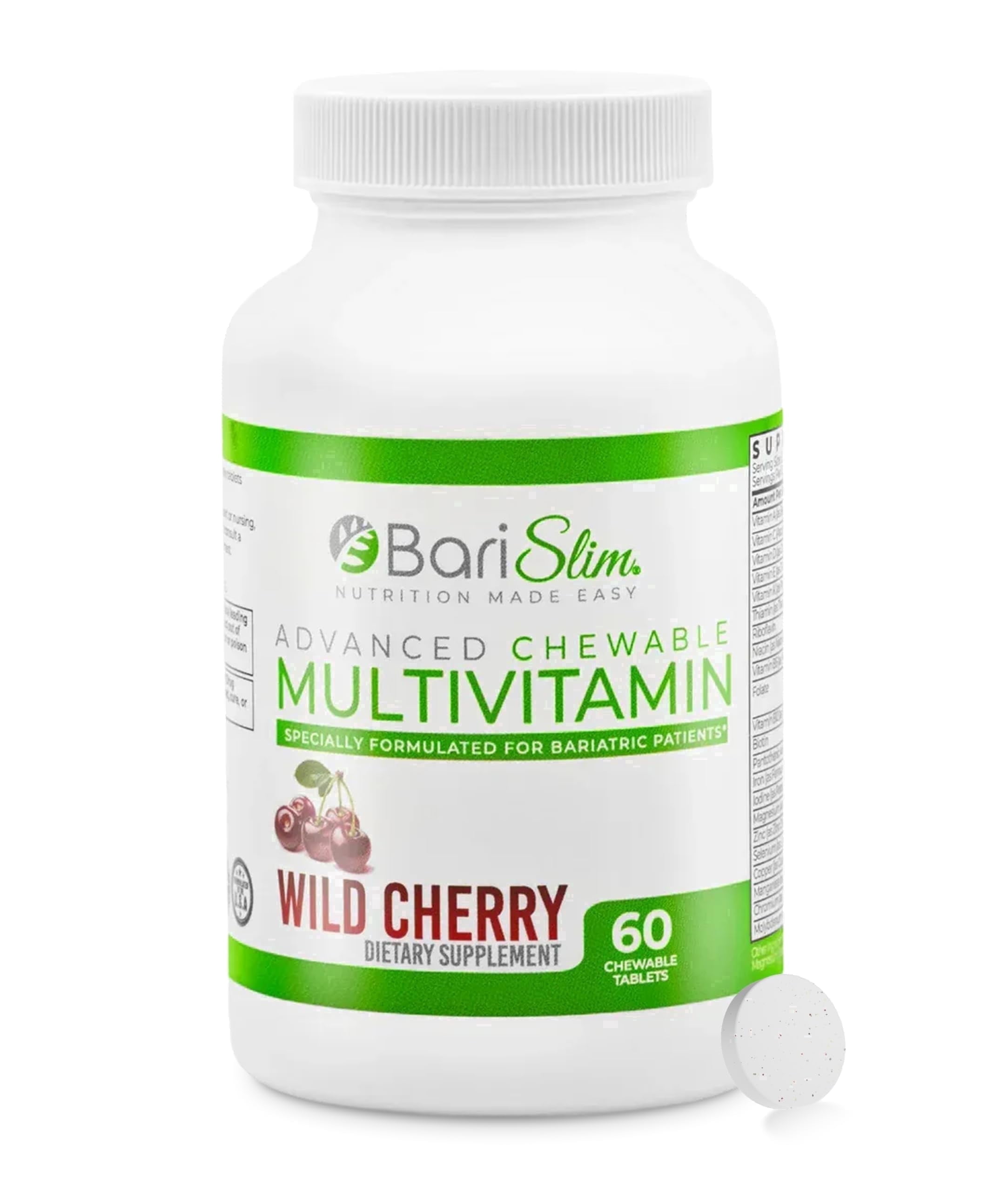BariSlim Chewable Multivitamin Tablets with Iron, Energy, Immune & Nutrient Deficiency Support,  Wild Cherry, 60 Count, Adult