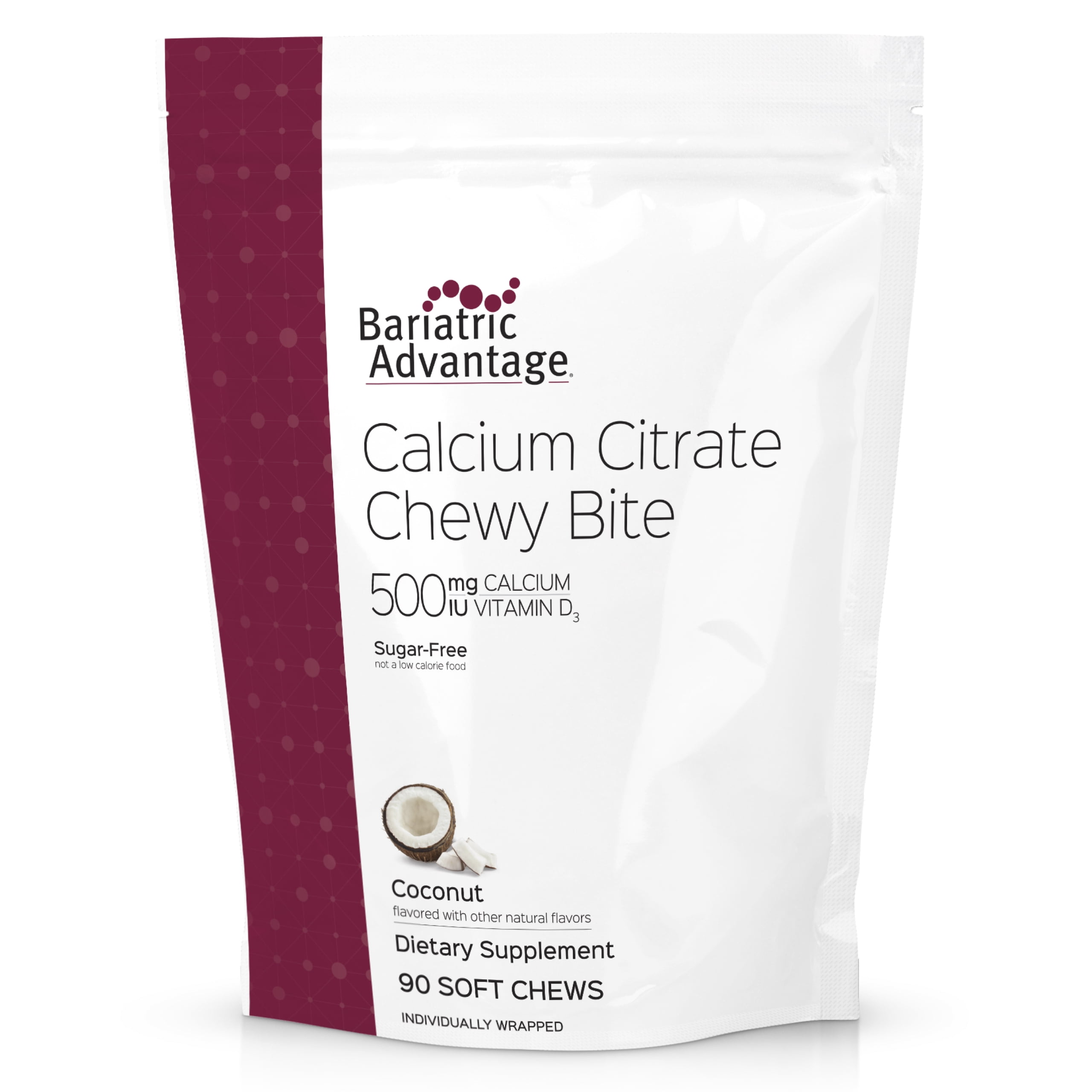 Bariatric Advantage Calcium Citrate Chewy Bites 500 mg - Highly Absorbable & Digestible - Vitamin D3 - Easily Chewable Calcium Supplement - Coconut Flavor - 90 Count