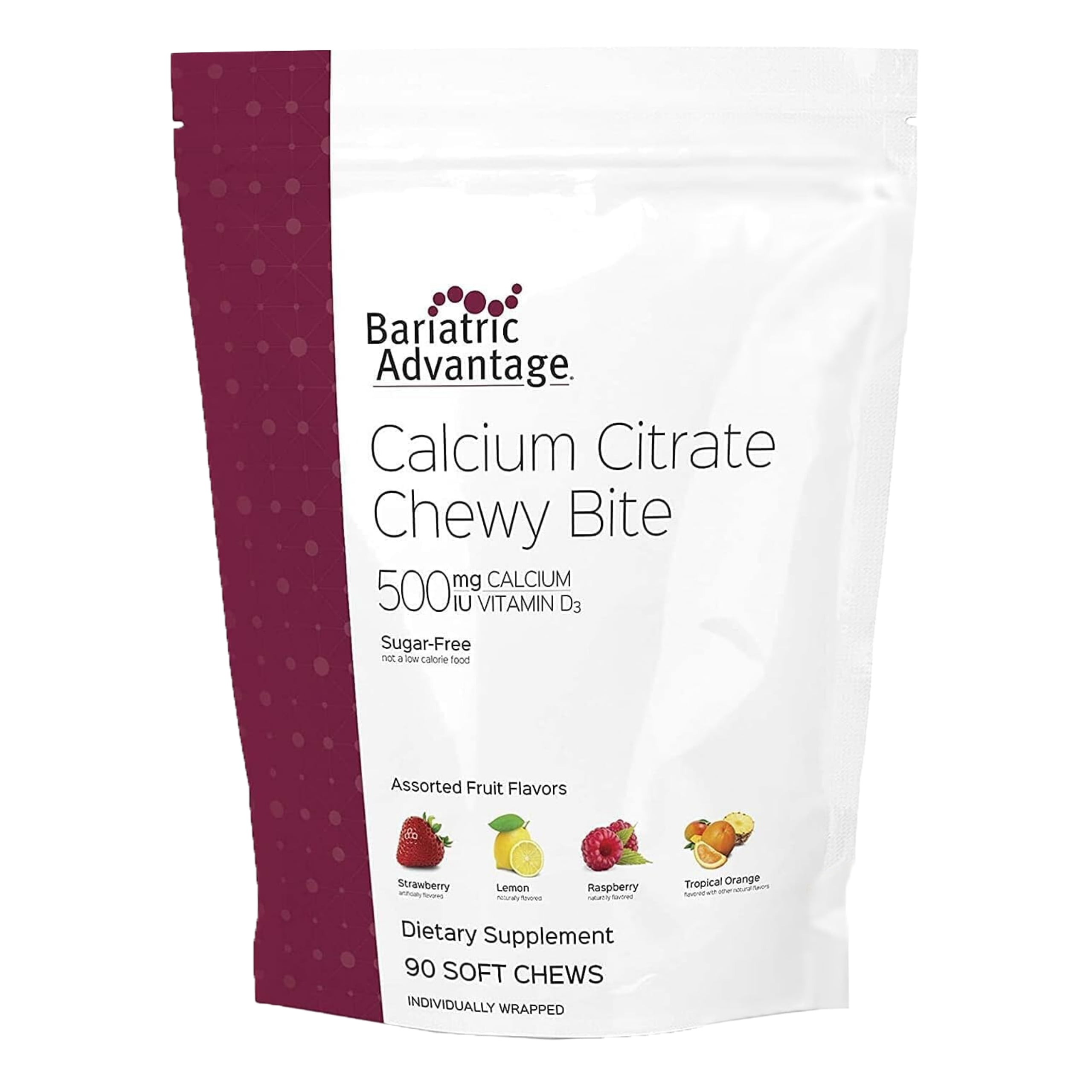Bariatric Advantage Calcium Citrate Chewy Bites 500 mg - for Bariatric Surgery Patients - Vitamin D3 - Sugar-Free Chewable Calcium Supplement - Bariatric Chews - Assorted Fruit - 90 Count